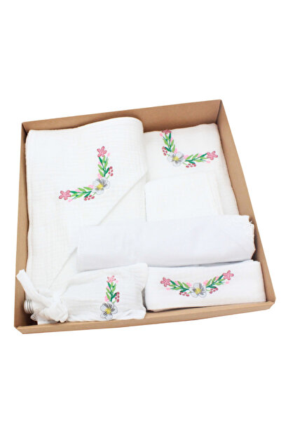 PRICHINDEL Set botez din muselină, 7 piese, brodat, Lorelay, alb cu flori