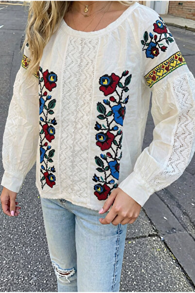 FEMELLE Women's White Lace and Embroidery Embellished Balloon Sleeve Cotton Blouse