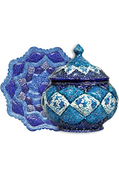 Margoun Handmade Enamel Copper Chocolate and Sugar Dish with Saucer Traditional Design - Turquoise B