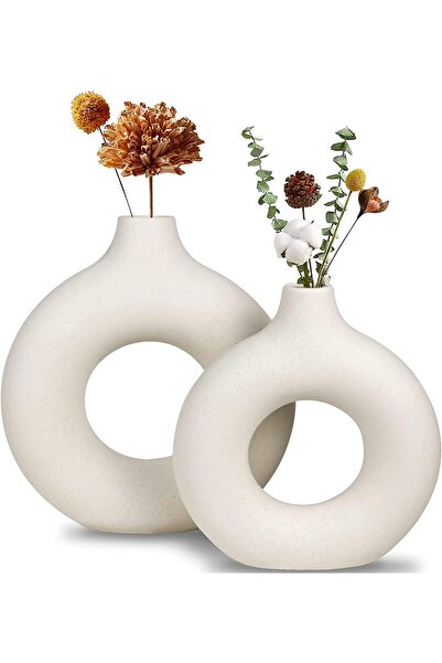 mCherry White Ceramic Vase Set, Round Matte Pampas Flower Vases, Minimalist Nordic Boho (2PC M+L)