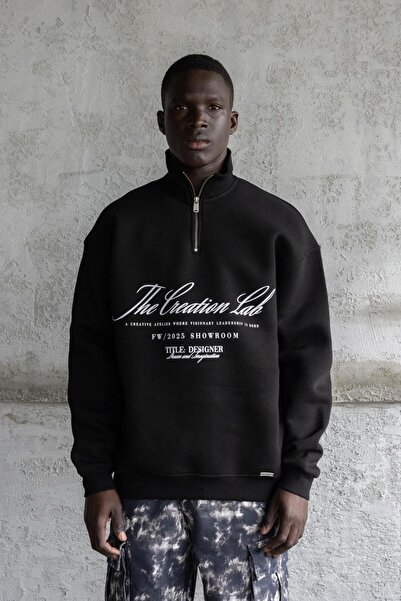 Machinist Men's Printed Embroidered High Collar Sweatshirt Black