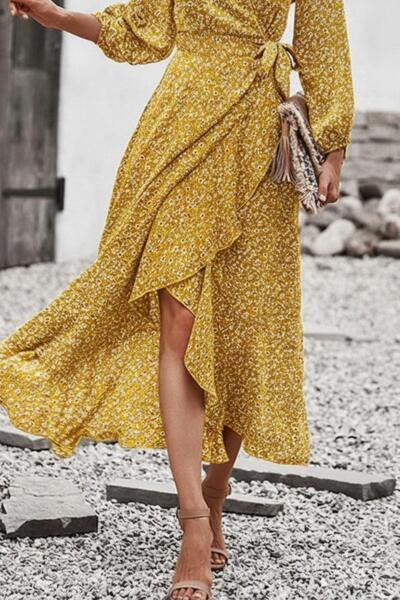 Mossta Double-Breasted Long Single Jersey Dress with Ruffled Collar - Yellow