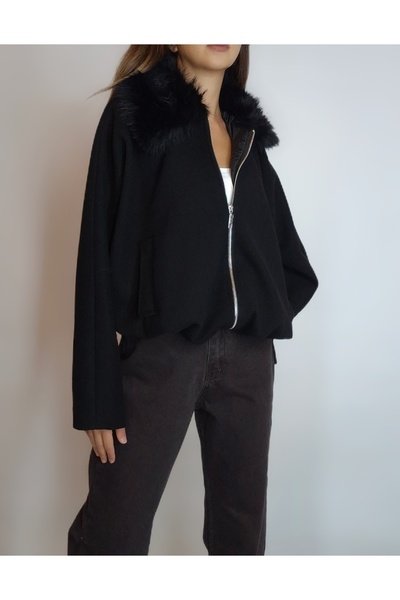 oyagüler Women's Black Fur Collar Balloon Model Cashmere Coat Yy101294