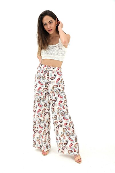 VELİZADE High Waist Comfort Model Wide Leg Elastic Waist Patterned Loose Visc...