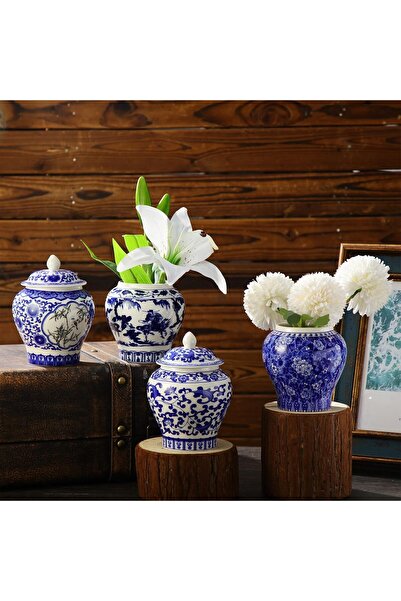 Hushee Set of 4 Small Blue and White Porcelain Chinoiserie Ginger Jars (Retro)