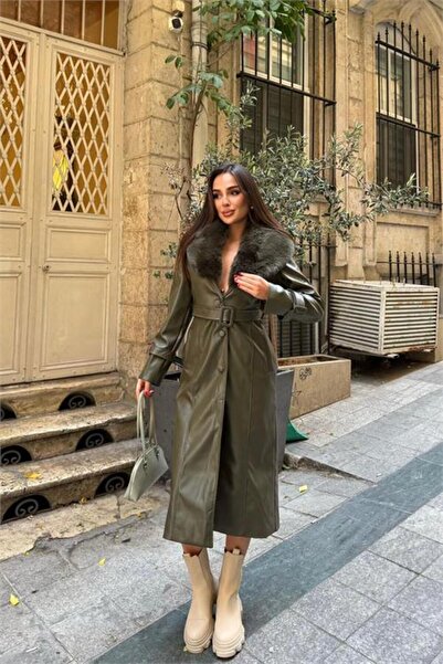 Neşeli Butik Дамски кожух с подвижна яка, кожа с кожана подплата и копчета NB...