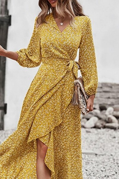 Mossta Double-Breasted Long Single Jersey Dress with Ruffled Collar - Yellow