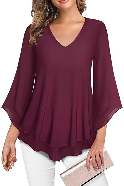 OEM Elegant Women's Puff Sleeve Blouse, V-Neck, Double Layer, wine-red, XL