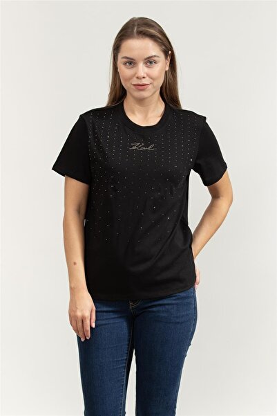 Karl Lagerfeld Rhinestone Rain Kadın Bisiklet Yaka T-Shirt Siyah