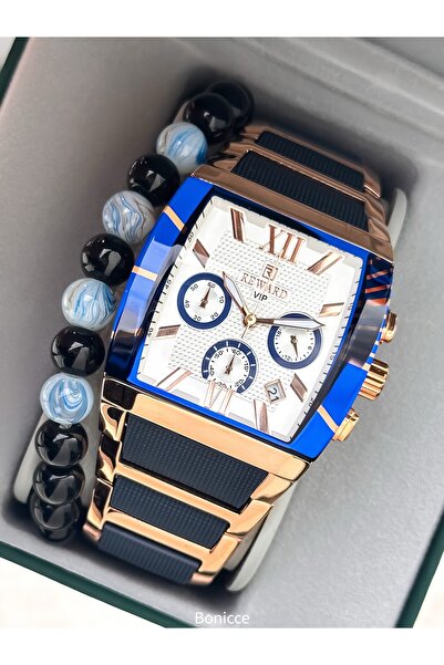 Reward Men's Watch,Steel-Silicone Band,Functions Active,Navy Blue Color,Calendar,Stylish Box+Bracelet