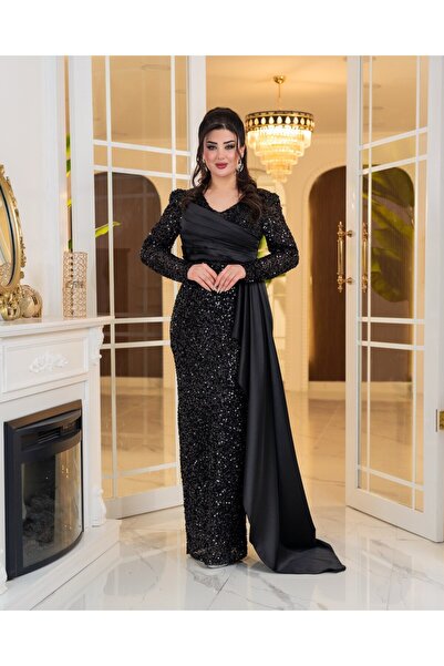 Matik Abiyem Satin Tail Sequin Evening Dress