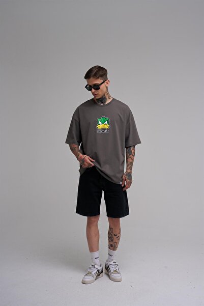Machinist Unisex Oversized Duck Printed Cotton T-Shirt Smoke