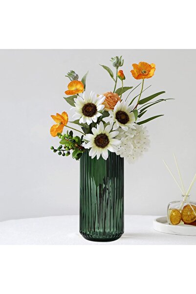 LENND Flower Vase 20cm Green Thickened Hand-Blown Glass - Round Vintage Striped