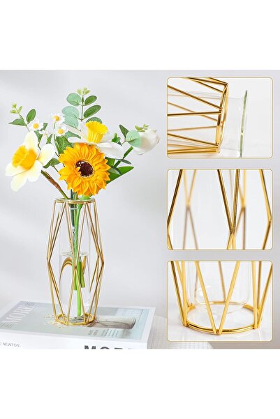 AZONEE Gold Geometric Test Tube Vase Set, 2 pcs (7.3 in) - Clear Glass with Metal Stand