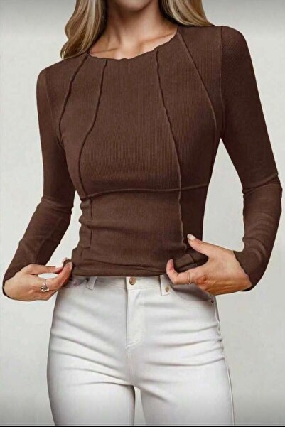 BESTYSO Women's Stitch Detail Fit Ribbed Long Sleeve Blouse