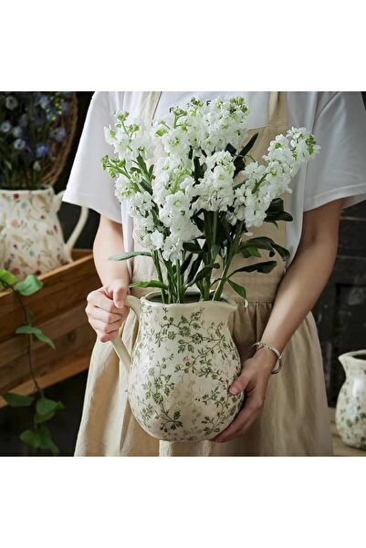 NALACAL Floral Ceramic Vintage Pitcher Vase with Handle, Farmhouse Style, Green Flower Pattern (8 in