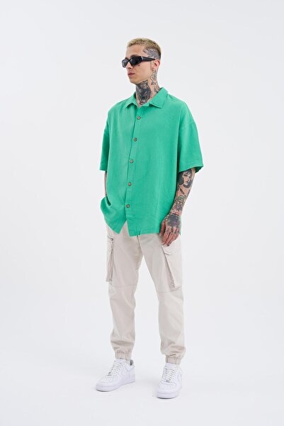 Machinist supradimensionat Cămașă din in cu mânecă scurtă verde