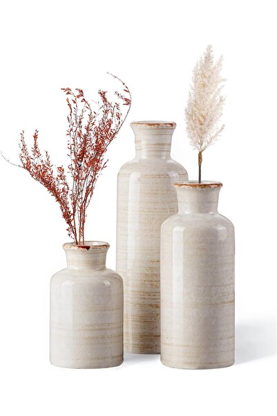 ANGJU Ceramic Vase Set of 3, Rustic Farmhouse Decorative Vases, White