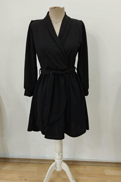 Mossta διπλό πέτο Μίνι Φόρεμα Κρεπ Εισαγωγής με Κορδόνι στην Μέση - Μαύρο