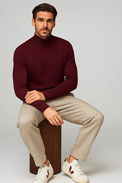 COMBİNE MİCHAİL Men's Winter Burgundy Half Fisherman Knit Sweater
