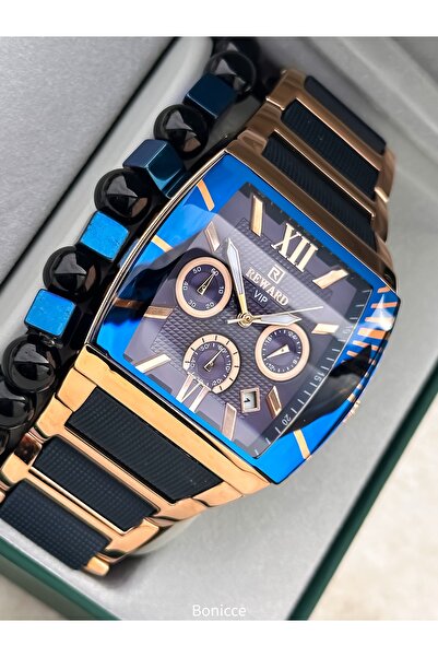 Reward Men's Watch, Steel-Silicone Band, Functions Active, Navy Blue Color, with Calendar, in Stylish Box, Bracelet