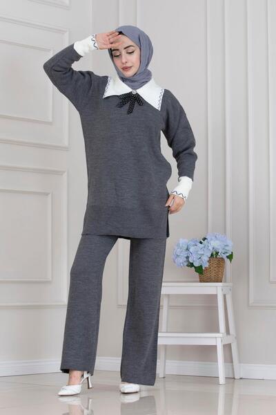 Sevitli Σετ πλεκτό με λεπτομέρεια φιόγκου στο λαιμό-ΑΝΘΡΑΚΙΤΙΚΟ