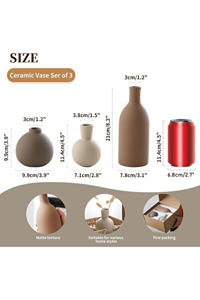 Heifgott Ceramic Vase Set of 3 - Rustic Farmhouse Decorative Pottery Vases for Pampas Grass, Brown