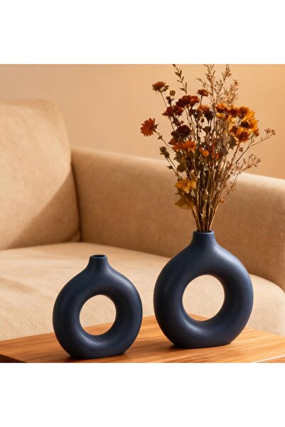 VaseTopia Ceramic Vase Set of 2, Hollow Geometric Modern Home Decor (Blue)