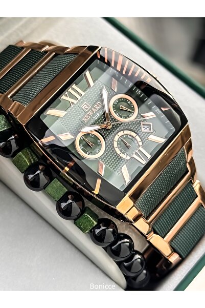 Reward Men's Watch, Steel-Silicone Band, Functions Active, Green Color, with Calendar, in Stylish Box, Bracelet Gift