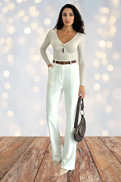 Moda Amore Women's V-Neck Gold Detailed Long Sleeve Blouse – Black, Coffee, White, Burgundy 10136