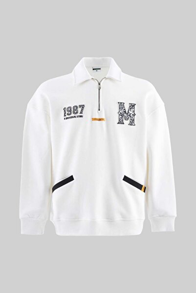 Machinist Erkek Felt Badge Zip Polo Sweatshirt Ekru