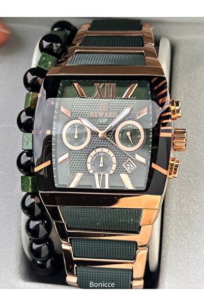 Reward Men's Watch, Steel-Silicone Band, Functions Active, Green Color, with Calendar, in Stylish Box, Bracelet Gift