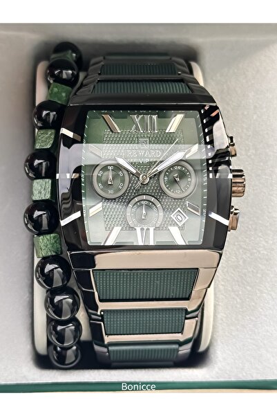 Reward Men's Watch, Steel-Silicone Band, Functions Active, Green Color, with Calendar, in Stylish Box, Bracelet Gift