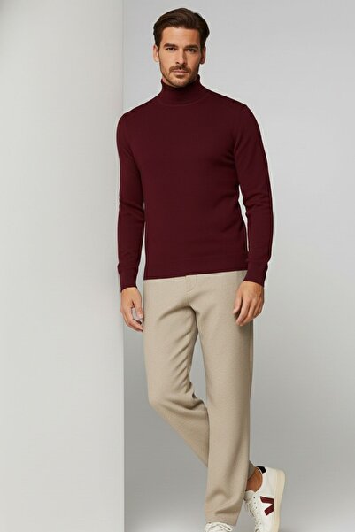 COMBİNE MİCHAİL Men's Winter Burgundy Half Fisherman Knit Sweater