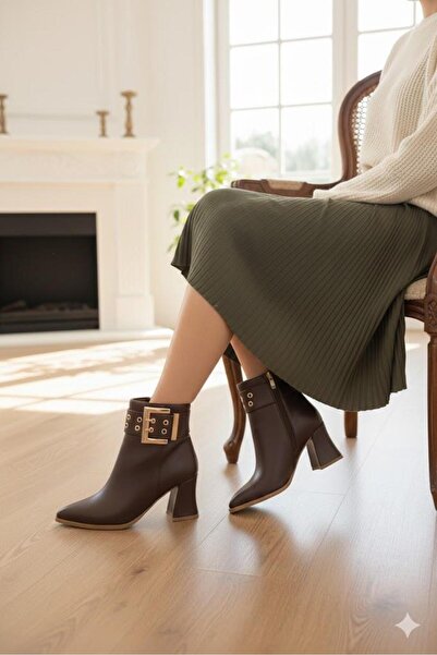 fort 573200 Buckle Detailed Pointed Toe 7 cm Thick Heel Zippered Women's Boots