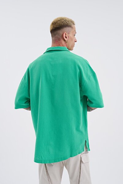 Machinist supradimensionat Cămașă din in cu mânecă scurtă verde