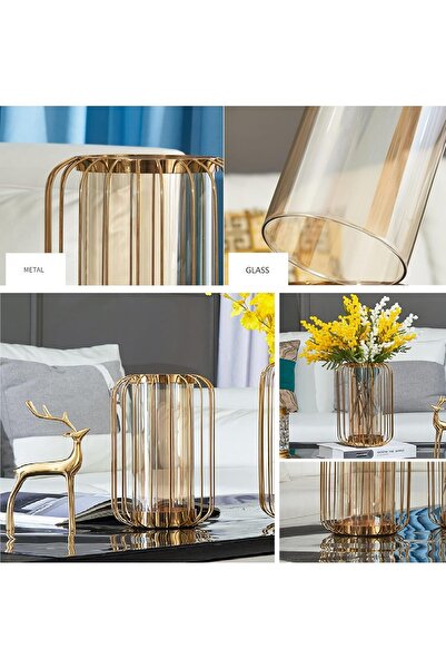 TAPIT Glass Flower Vase with Metal Stand, Modern Golden Geometric Decorative Vase