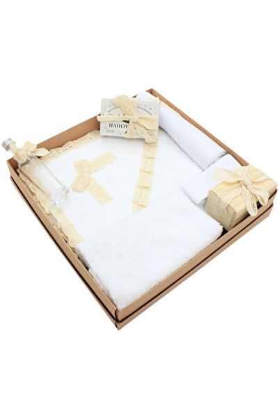 PRICHINDEL Set botez din bumbac, Mimi cu dantelă crem, 7 piese, alb