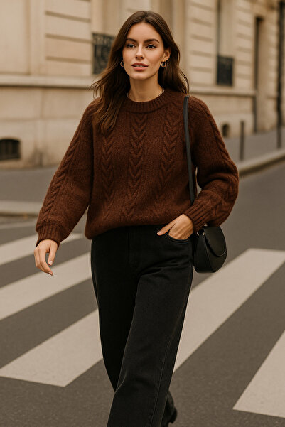 Rich Women's Brown Knitted Patterned Long Sleeve Soft Textured Crew Neck Knitwear Sweater