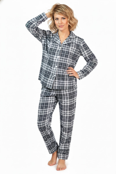 Zekalya Mother Daughter (Sold Separately) Checkered Plaid Patterned Suede Fabric Gray Pajama Set