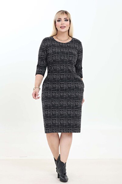 modayız Double Pocket Patterned Stretchy Winter Plus Size Midi Dress 21E-2761