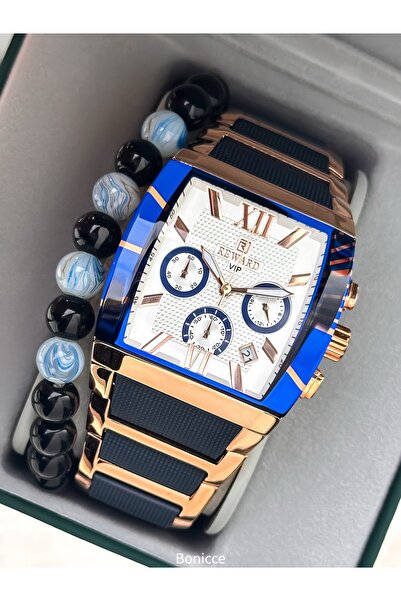 Reward Men's Watch,Steel-Silicone Band,Functions Active,Navy Blue Color,Calendar,Stylish Box+Bracelet