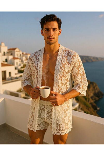 QMEN STYLE Erkek Dantelli Kimono ve Mini Baxer Set