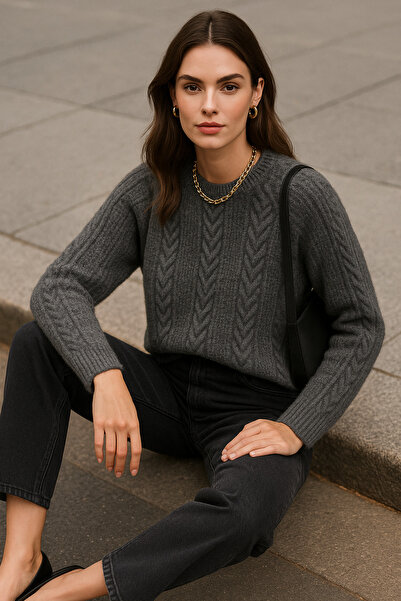 Rich Women's Anthracite Knitted Patterned Long Sleeve Soft Textured Crew Neck Knitwear Sweater