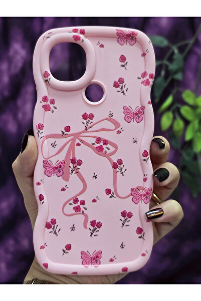 Magic Ring Oppo A15S / Oppo A15 Uyumlu Kelebek Kurdele ve Çiçek Desenli Pembe Telefon Kılıfı