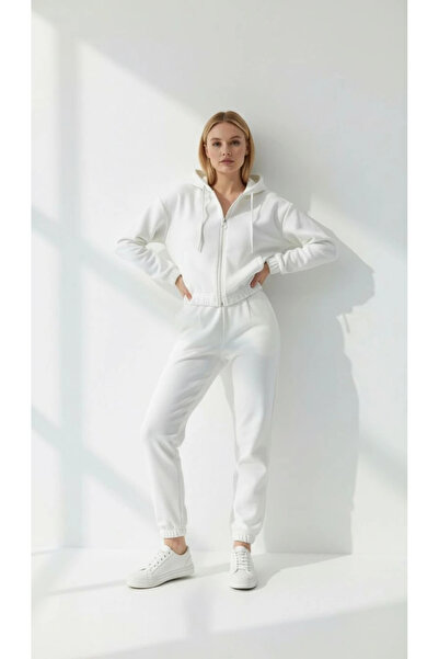Zerenyus 3 İplik Ş Fleece-Lined Hooded Zippered Cropped Top White