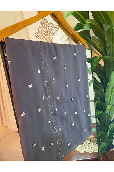 Veil Designer Gray voile headscarf with Japanese fabric and colorful embroidery. Size: 60 * 190