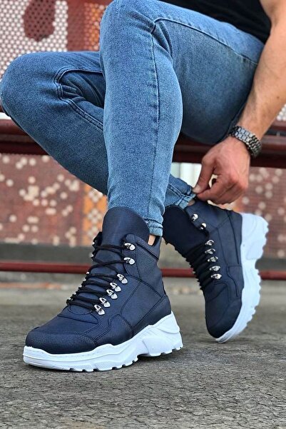 Mhoda Shoes Rlx07 Men's Sports Casual Lace-Up Leather Boots Cbt - Navy Blue