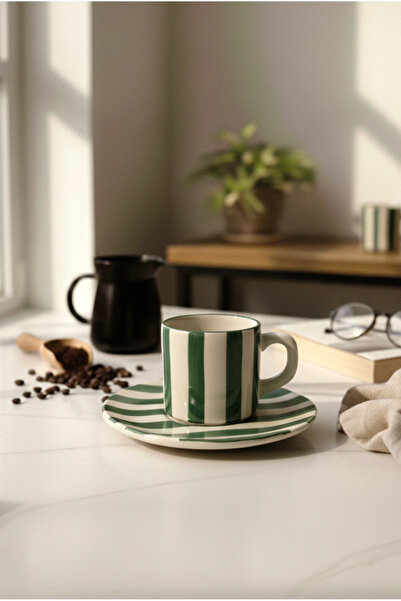 FH finehome Elly Çizgili Tabaklı Fincan Yeşil