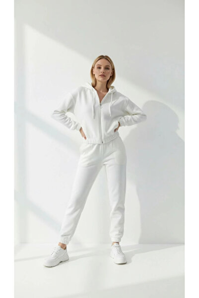 Zerenyus 3 İplik Ş Fleece-Lined Hooded Zippered Cropped Top White